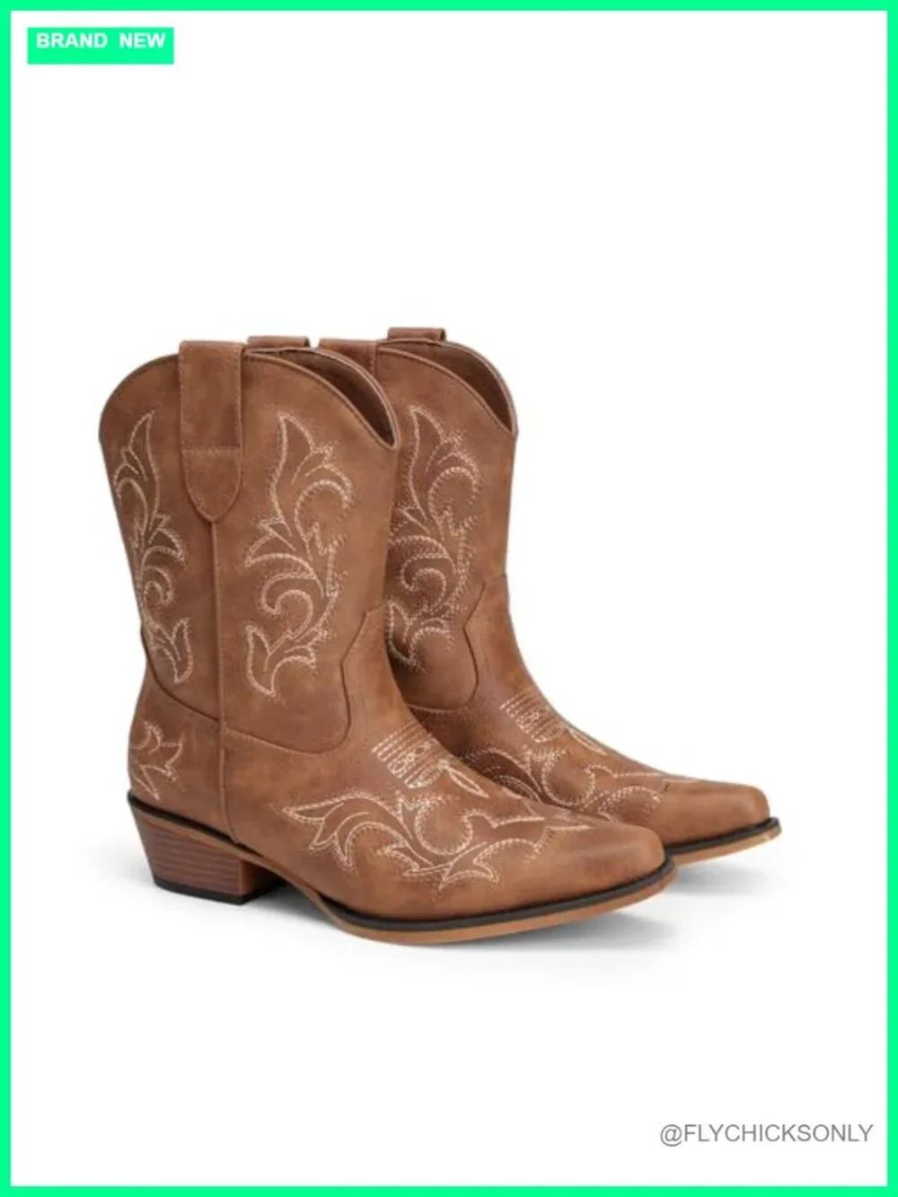 Women's Western Ankle Boots Square Toe Chunky Heels Faux Leather Slip-On